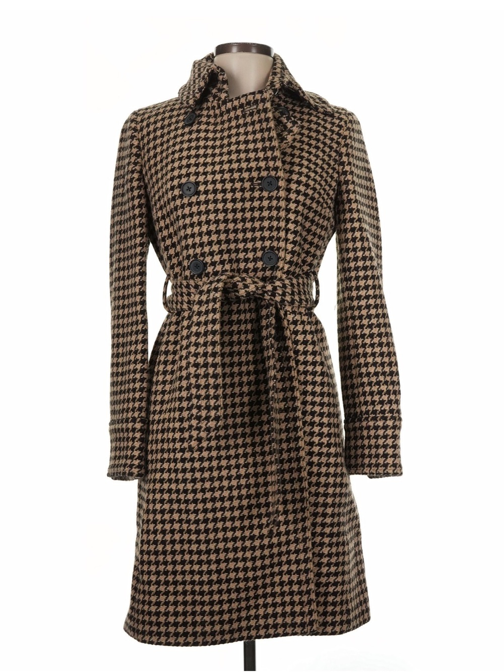 J. Crew Wool-Blend Brown Houndstooth Belted Double Breasted Coat Dress 6 - Picture 3 of 10